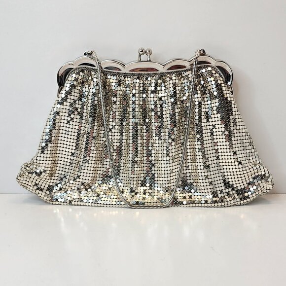 Handbags - Silver Glitter Clutch Purse | Snap Closure | Chain Handle Evening Bag